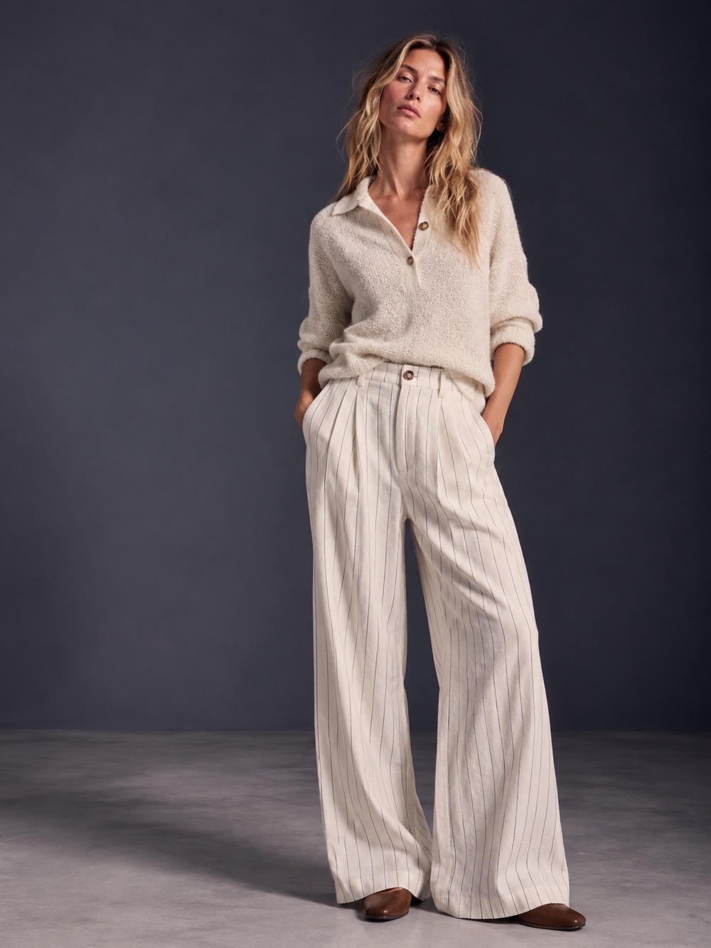 Monteau Los Angeles Linen Blend Pinstripe Wide Leg Pants Size L